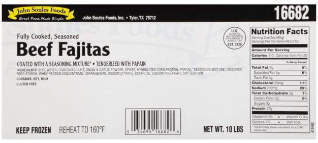 Fully Coated Seasoned Beef Fajitas Label with Nutrition Facts